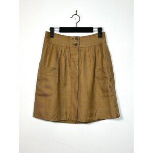 J Crew Brown Linen Blend Pocket Skirt Hidden Button Closure‎ Size 0 Preppy Tan